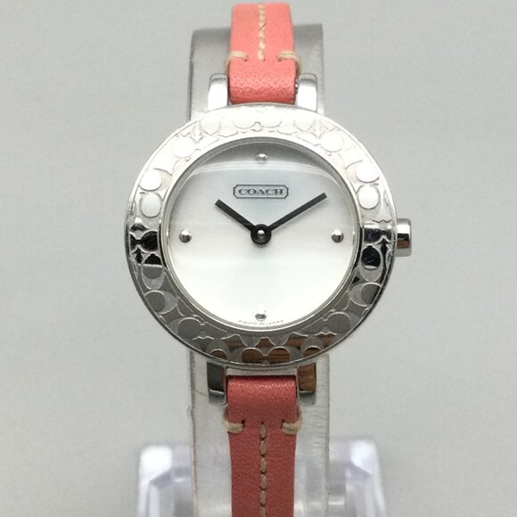 Coach Bridget Watch Women 27mm Silver Tone Logo Bezel Leather Band New Battery - Picture 1 of 15